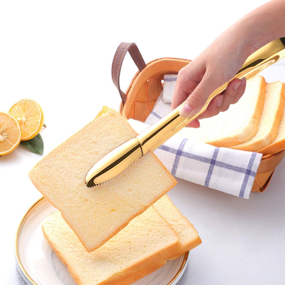 Iaxsee 2-Pack 9 Inch Stainless Steel Gold Salad Tongs, Non-Slip & Easy Grip Smart Locking Clip Handy Utensil For Cooking, Servin